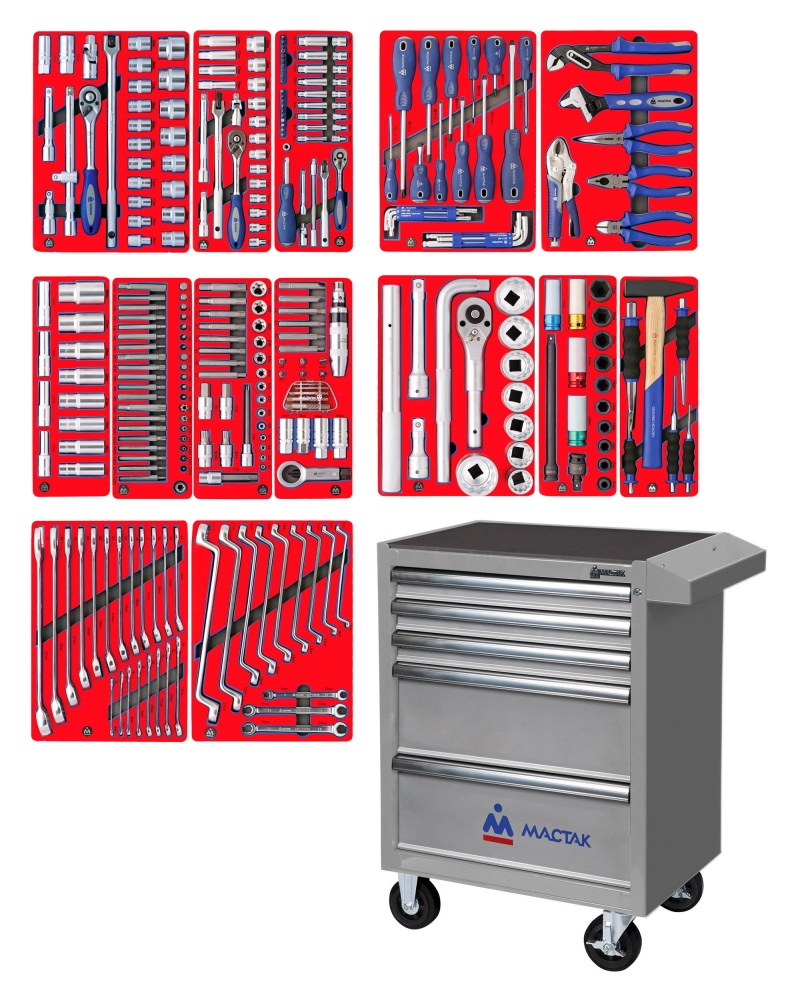 МАСТАК Набор инструментов "ПРОФИ" в серой тележке, 299 предметов 52-05299G