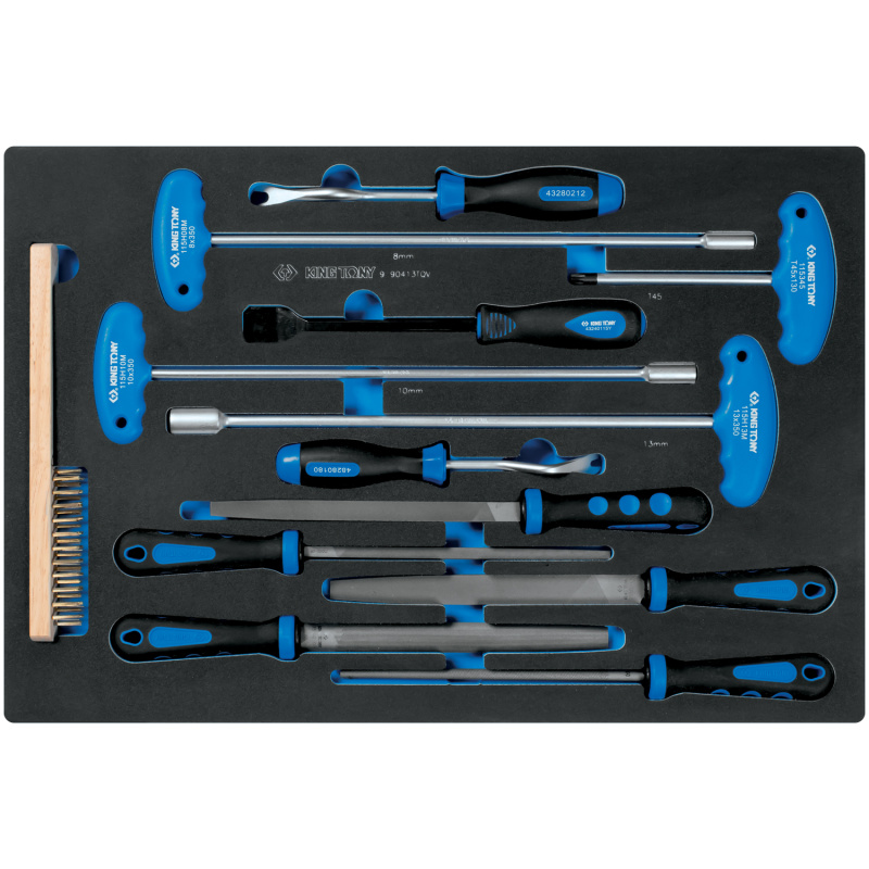 KINGTONY Набор напильников, торцевых отверток, съемники клипс и металлическая щетка, ложе 9-90413TQV
